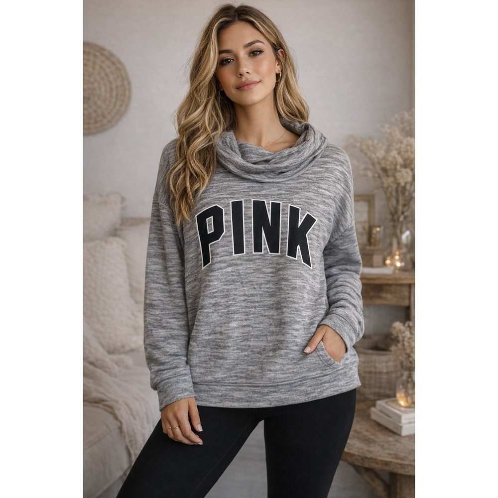 PINK Victoria's Secret Sweatshirt Womens Large Gray Cowl Neck Logo Pullover Cozy